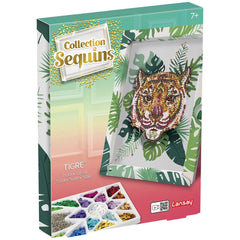 Sentosphere's Collection Sequins Tiger packaging features a vibrant tiger face adorned with sequins and a tropical leaf desig