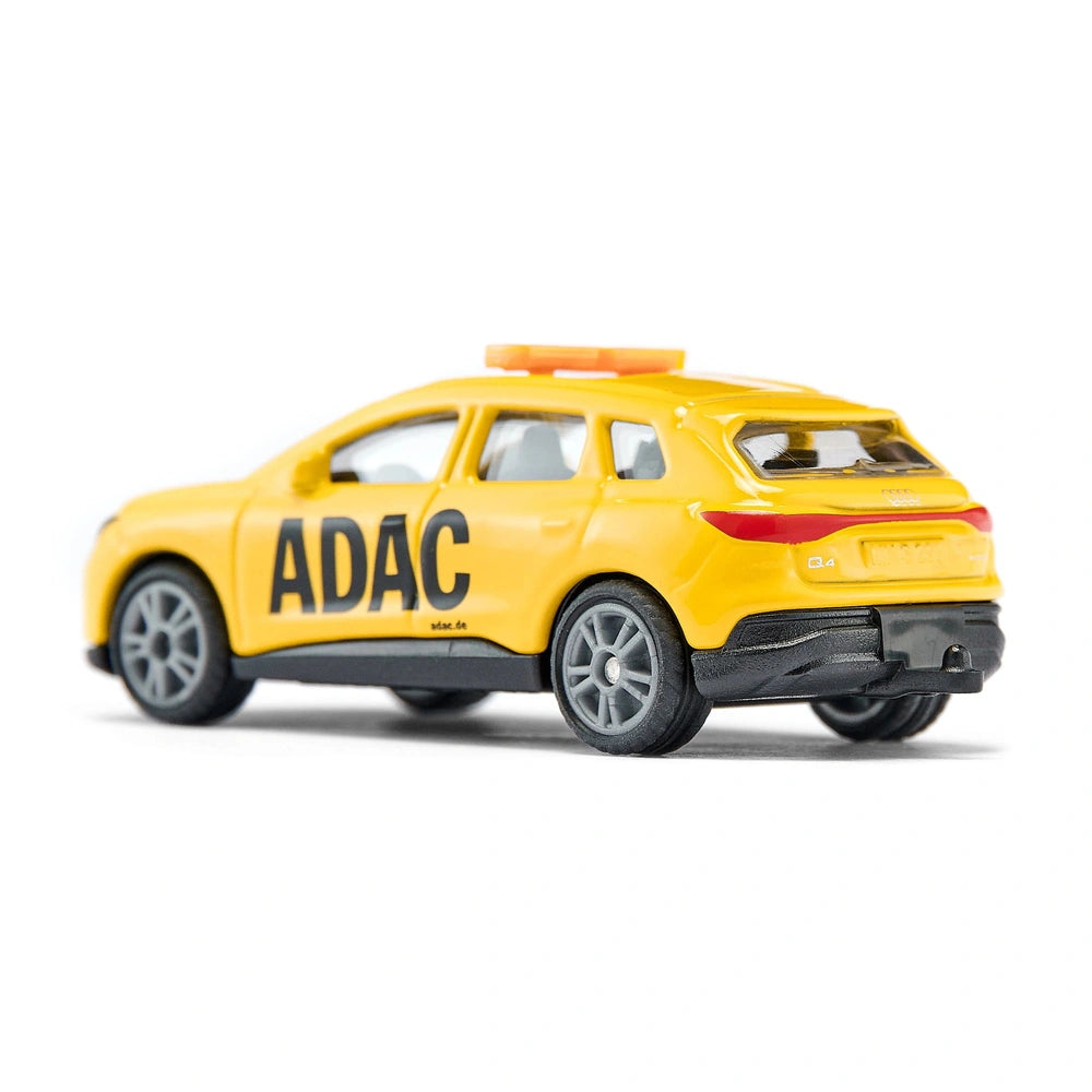 Yellow toy Audi Q4 e-tron with a black roof rack, featuring ADAC text, centered on a light background.