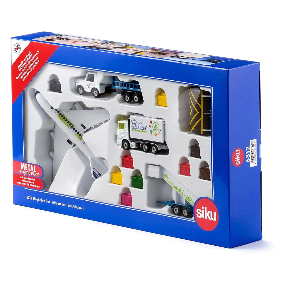 Siku Airport set toy playset features colorful plastic components including a truck and crane, showcased in blue packaging.