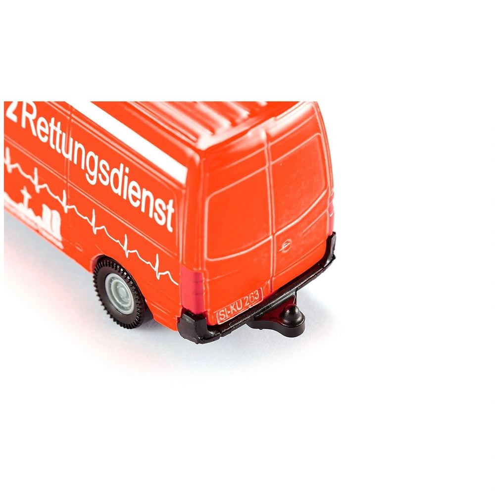 Siku ambulance toy vehicle in orange with white and black accents, featuring "2 Rettungsdienst" and a smooth glossy finish.