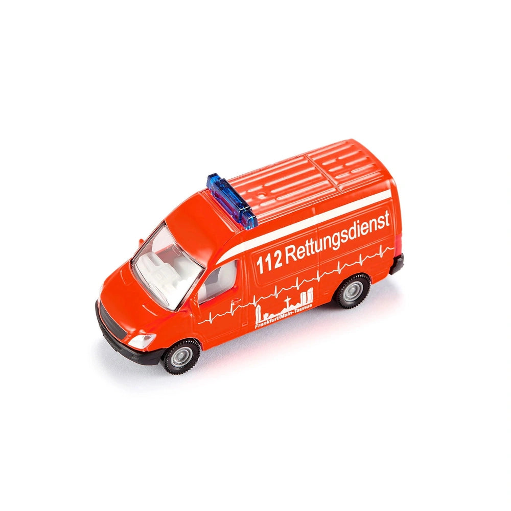 Siku ambulance toy vehicle in bright orange with a glossy finish, featuring "112 Rettungsdienst" text and blue light on top.