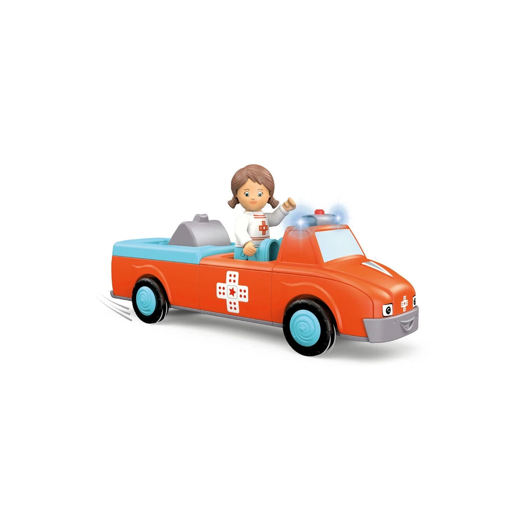 Orange toy car with blue accents, a white roof, and a first aid cross, featuring a glossy body and matte wheels.