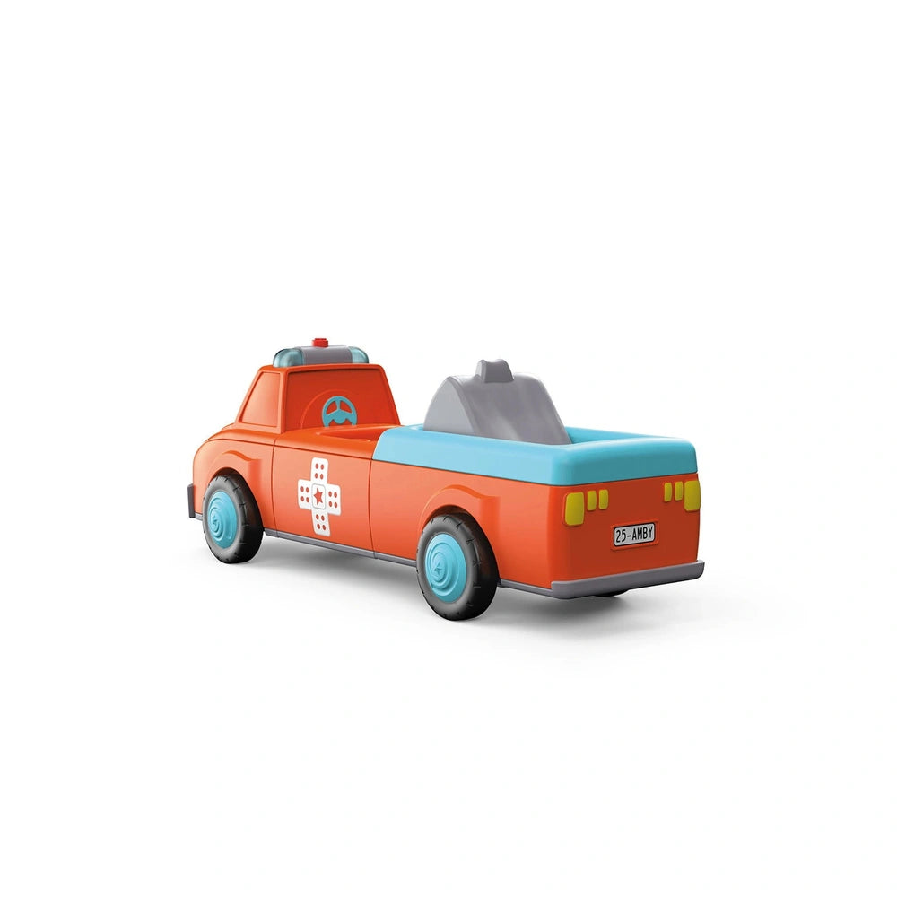 Toy car with a flatbed trailer, featuring orange and blue colors, smooth plastic finish, and four visible wheels.