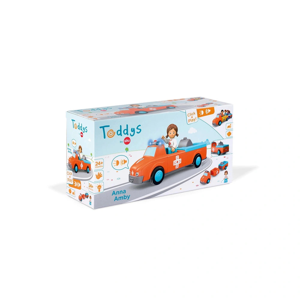 Siku - Anna Amby play vehicles box features a cartoon child driving an orange toy car against a vibrant blue sky background.