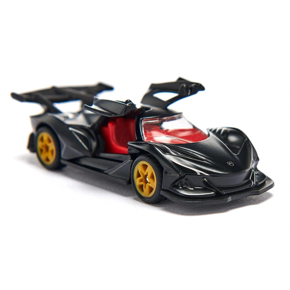 Siku Apollo IE model sports car features a glossy black body, red interior, and yellow wheels against a light background.