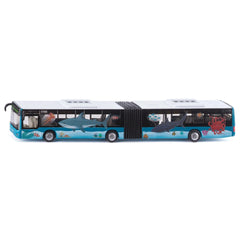 Articulated bus model featuring a shark theme, predominantly blue with white accents and a glossy plastic finish.