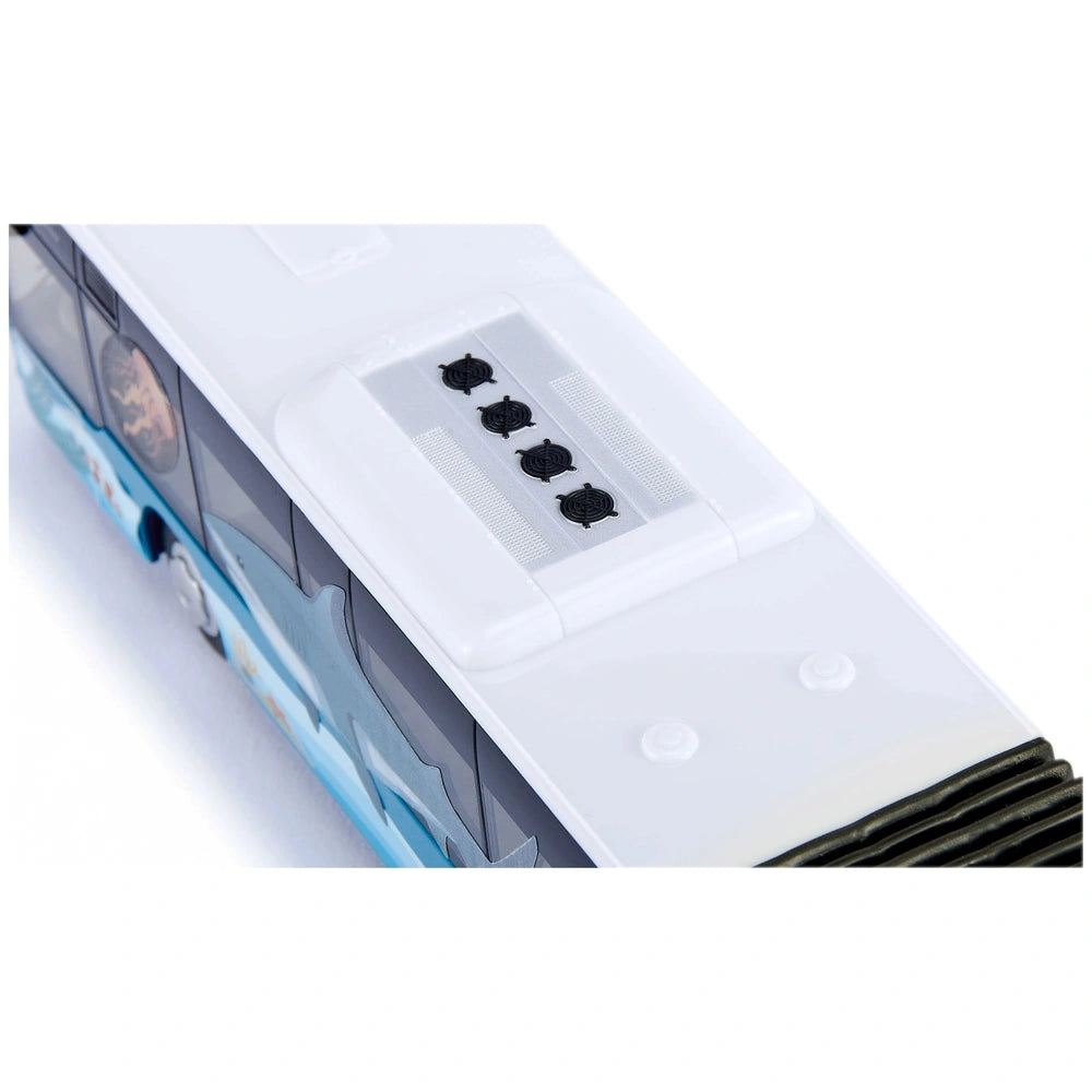 Articulated bus featuring a glossy white base with a blue and white pattern, rounded corners, and a small square window on to