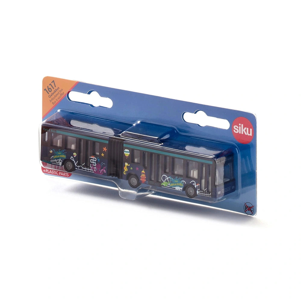 Articulated bus toy packaged in blue plastic with a clear window, showcasing colorful designs and the number "1617."