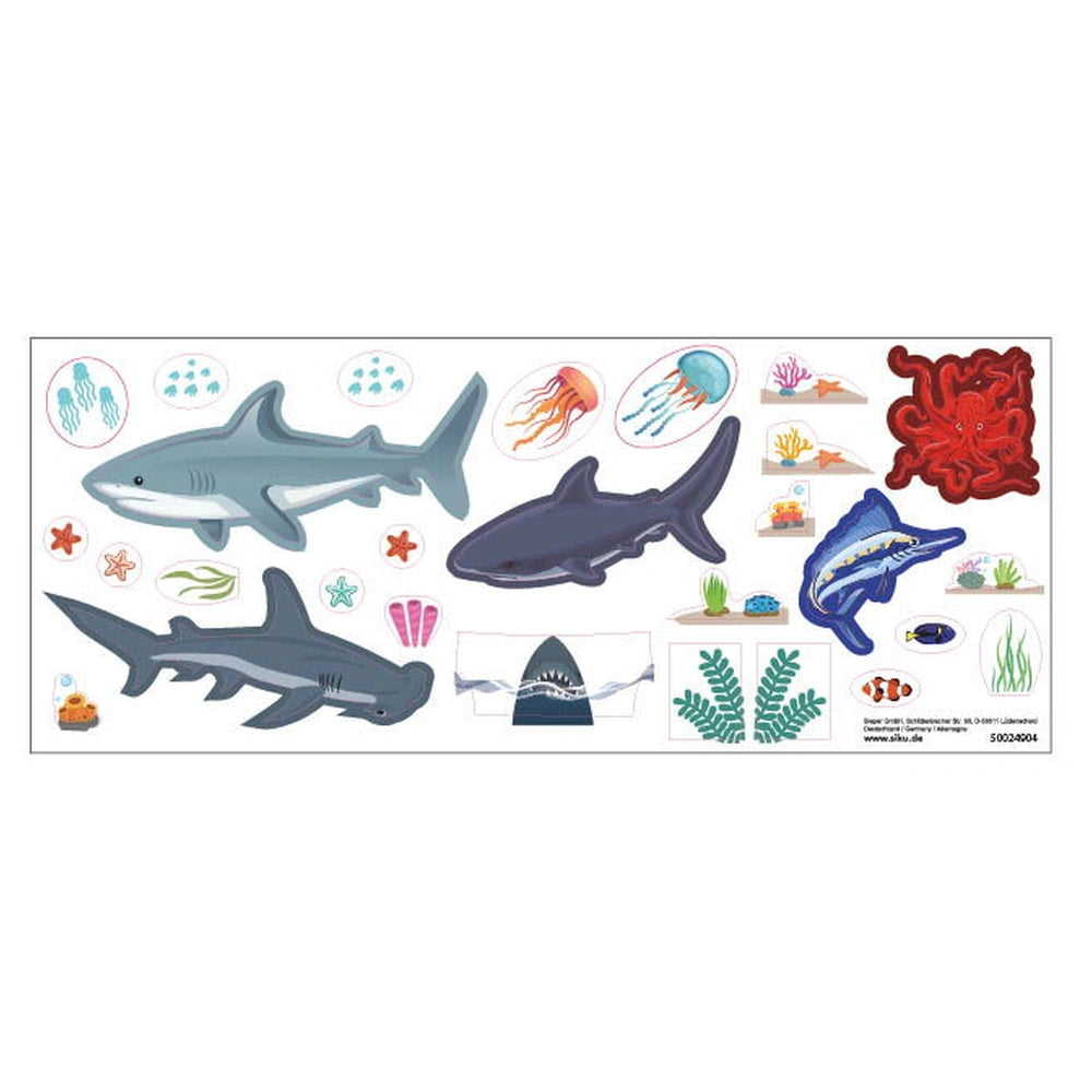 Articulated bus illustration featuring vibrant marine life elements like a gray shark, red octopus, and colorful fish.