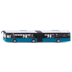 Articulated model bus in blue and white with glossy finish, featuring clear windows and black and white wheels.