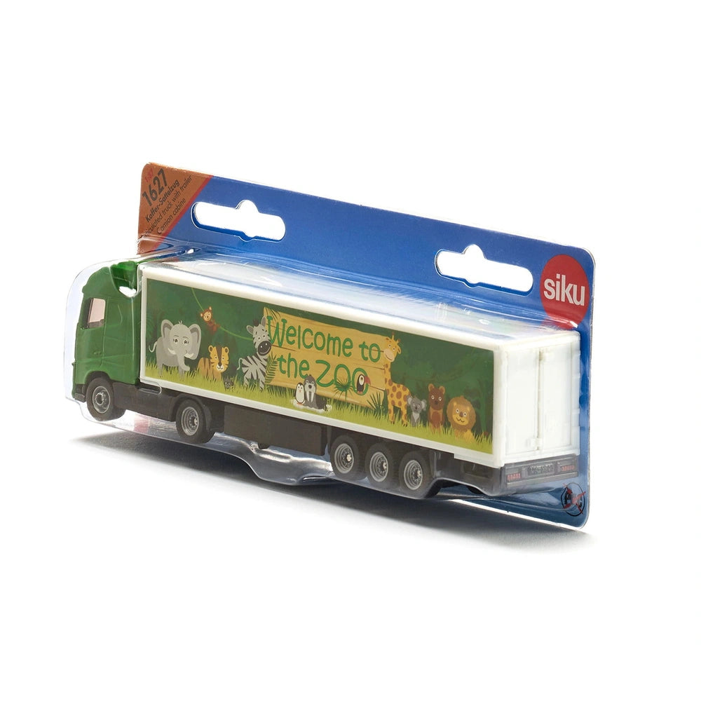 Articulated toy truck with a green cab and white trailer, featuring zoo-themed designs, in blue and white packaging.