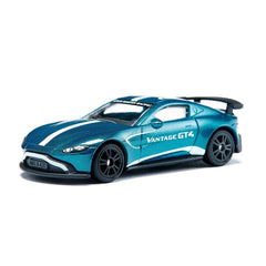 Siku Aston Martin Vantage GT4 model car in glossy blue and white with detailed components and a sleek design.