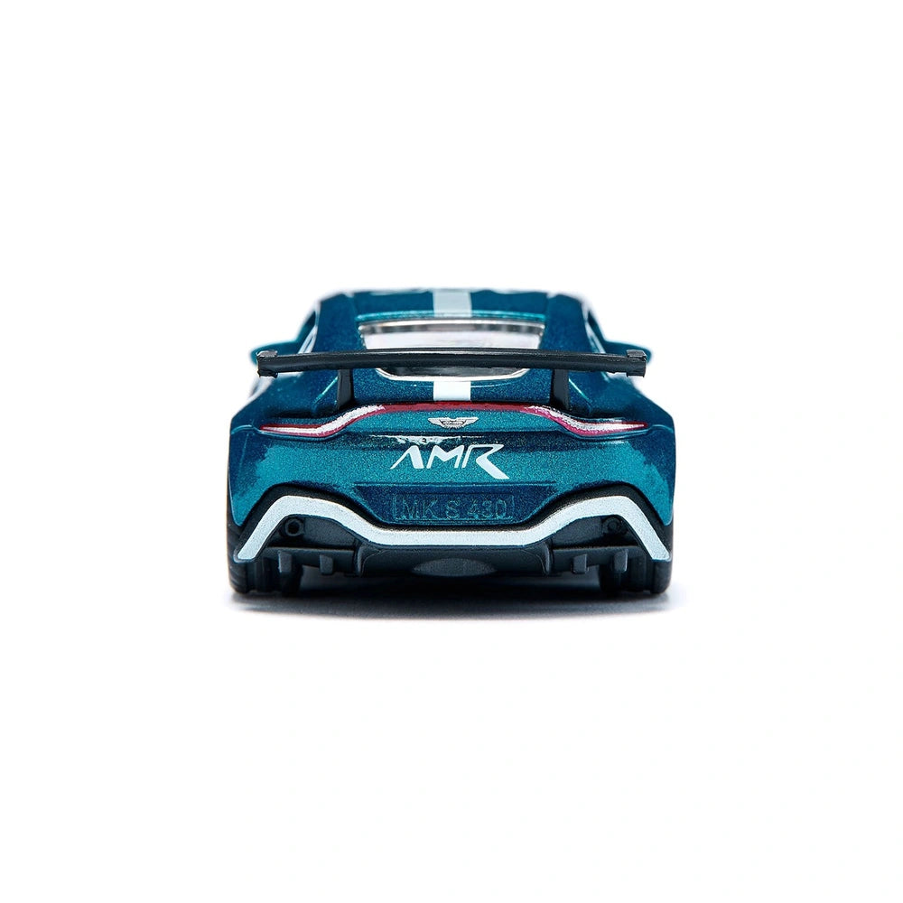 Siku Aston Martin Vantage GT4 toy car in blue with white accents, featuring a glossy finish and prominent rear wing.