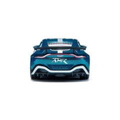 Siku Aston Martin Vantage GT4 toy car in blue with white accents, featuring a glossy finish and prominent rear wing.