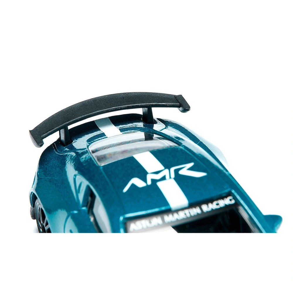 Aston Martin Vantage GT4 toy car in blue with white and black stripes, featuring "AMR" and "ASTON MARTIN RACING" text.