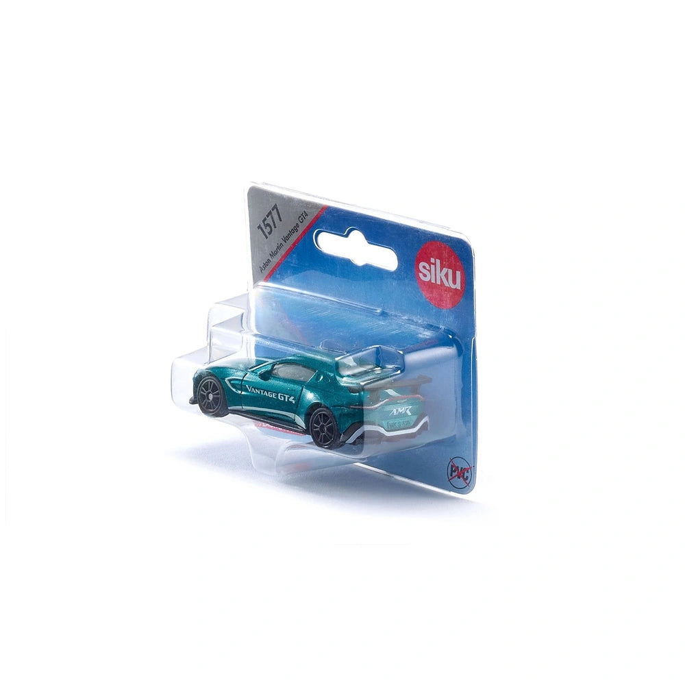Aston Martin Vantage GT4 toy car in green, displayed in a transparent blister pack with brand text and logo.