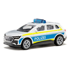 Audi Q4 police emergency vehicle model in white, blue, and yellow with "POLIZEI" text and roof light against a white backgrou