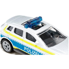 Siku Audi Q4 police emergency vehicle toy car features a glossy white body with blue and yellow stripes and a blue light on t
