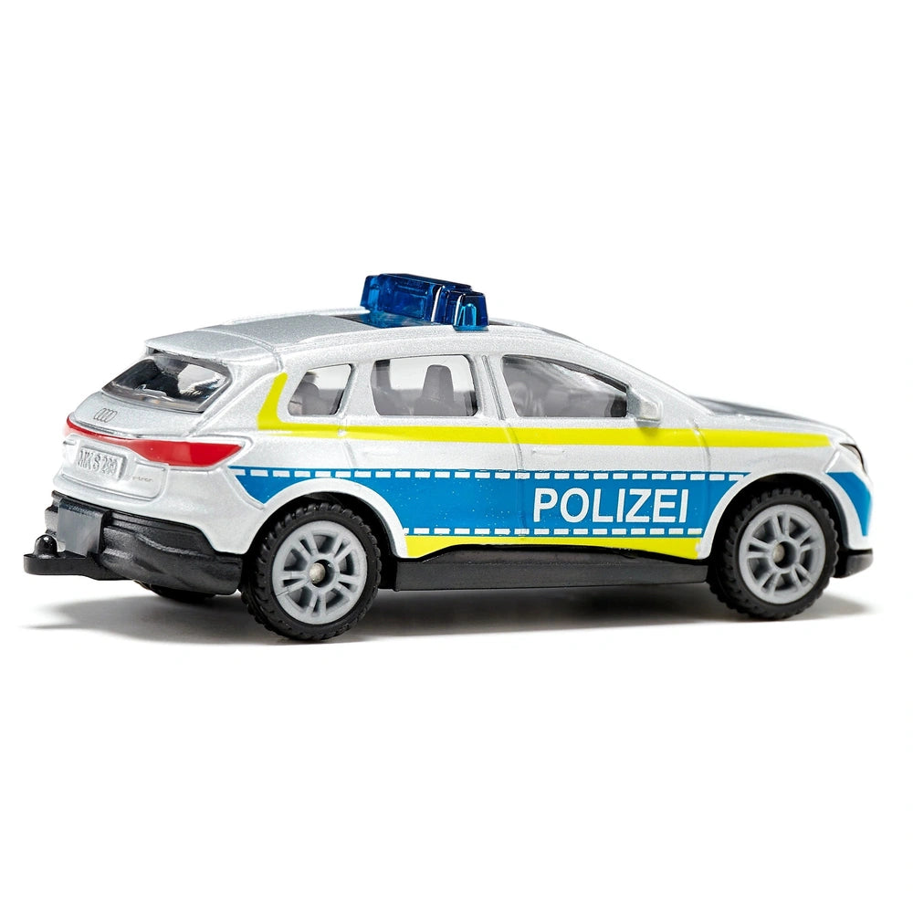 Siku Audi Q4 police emergency vehicle toy features a glossy white body with blue and yellow stripes and a police emblem.