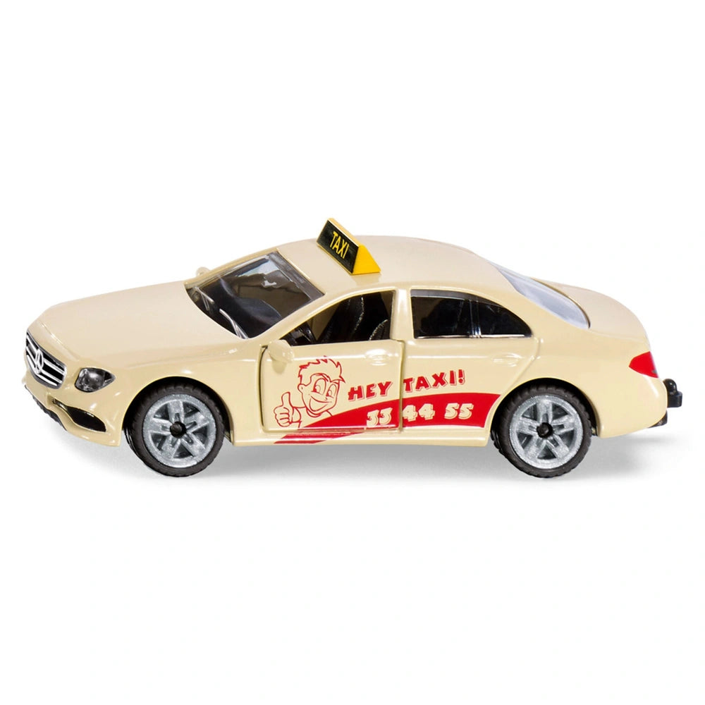 Mercedes-Benz taxi toy model in cream with a red stripe, yellow roof, and "HEY TAXI!" text on a white background.