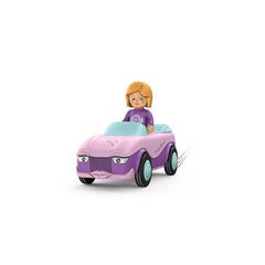 Toy car in pink with purple accents features a female figure with blonde hair driving, set against a white background.