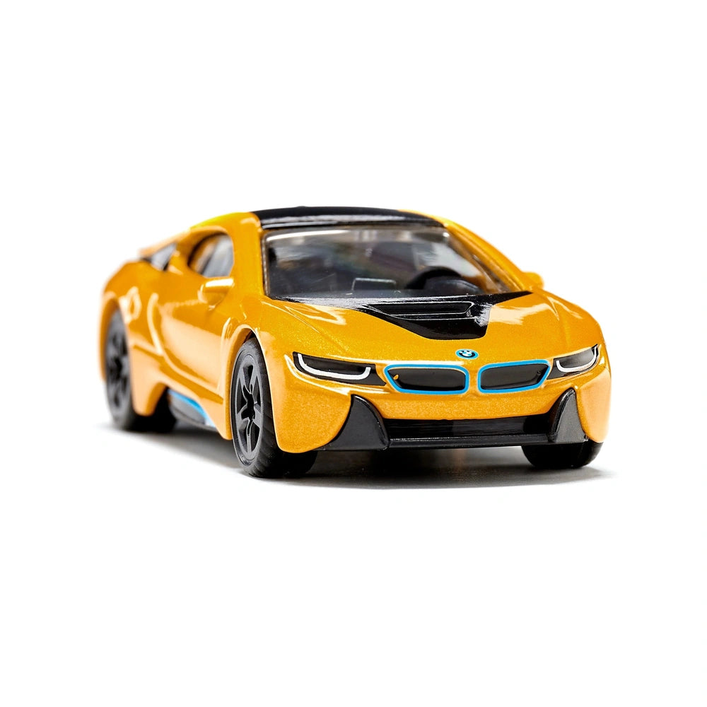BMW i8 model car in vibrant yellow, showcasing its sleek design and aerodynamic features against a plain white background.
