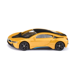 BMW i8 toy model in yellow with black accents, showcasing detailed components against a plain white background.