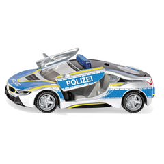 Siku BMW i8 Police toy car features a blue body with yellow and white accents, showcasing realistic police vehicle details.