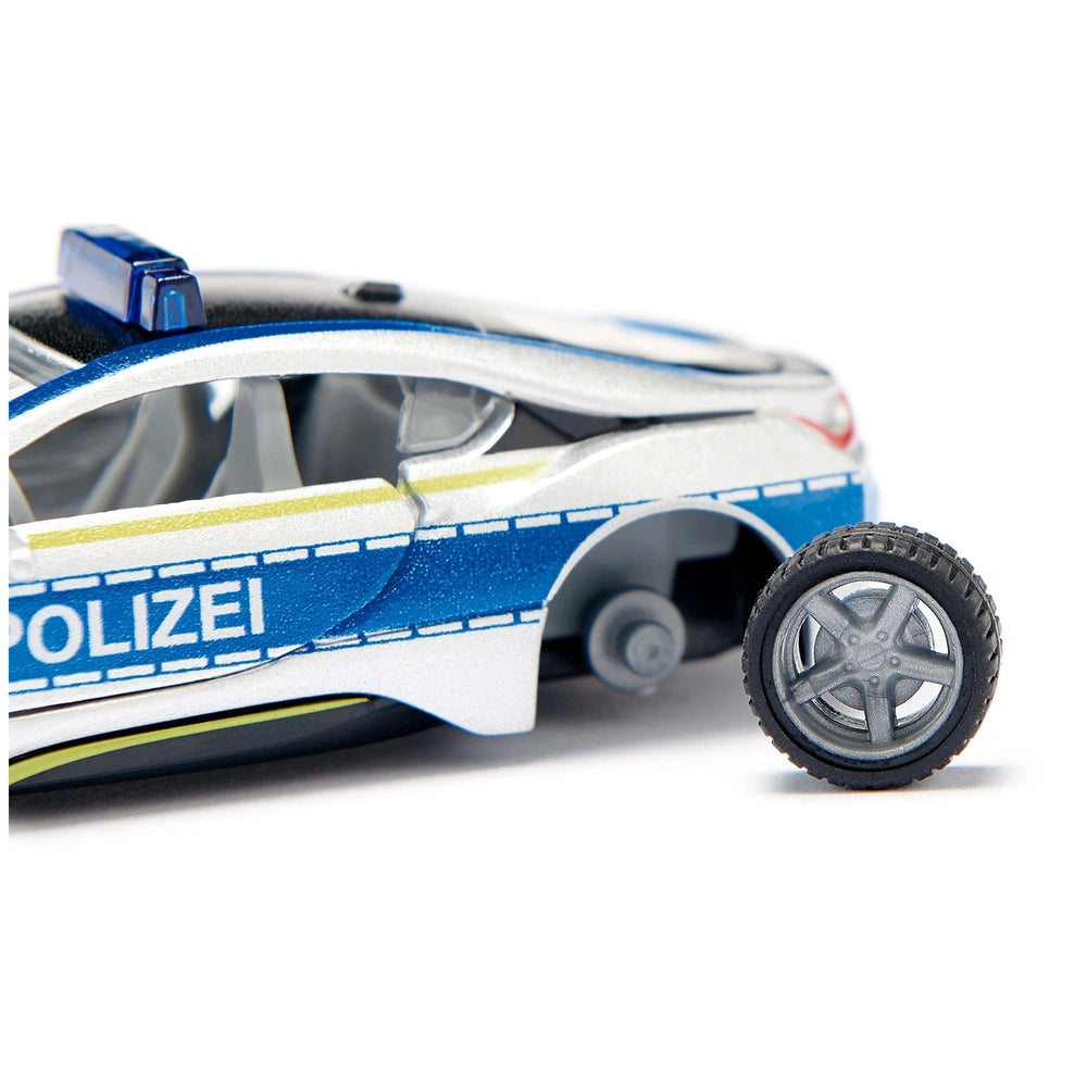 Siku BMW i8 police toy car in white with blue and yellow accents, featuring a blue light, siren, and open door.
