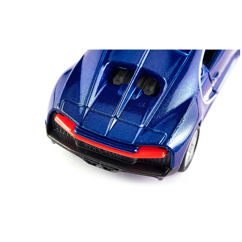 Blue Bugatti Chiron Gendarmerie model with a glossy finish, showcasing aerodynamic design and red rear bumper accent.