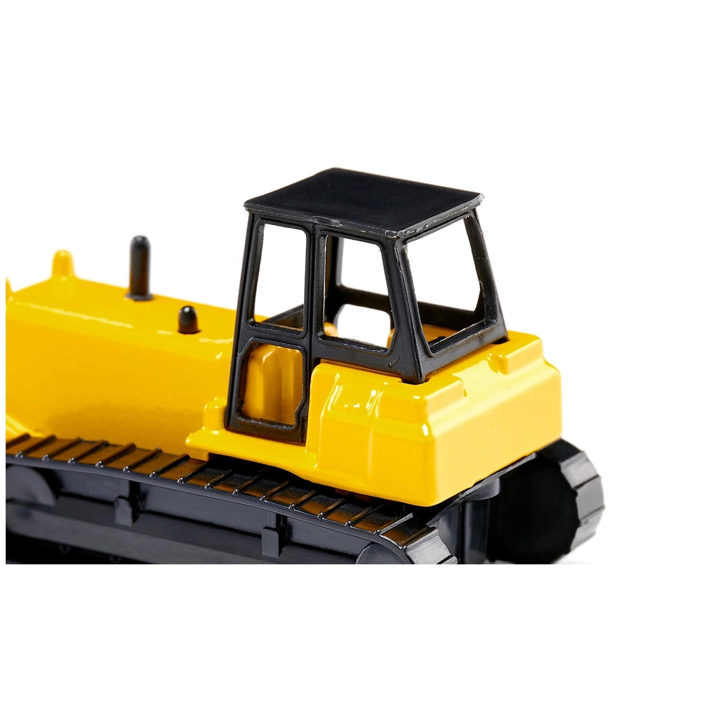Siku bulldozer toy model features a glossy yellow body with black accents, showcasing its front and side details.