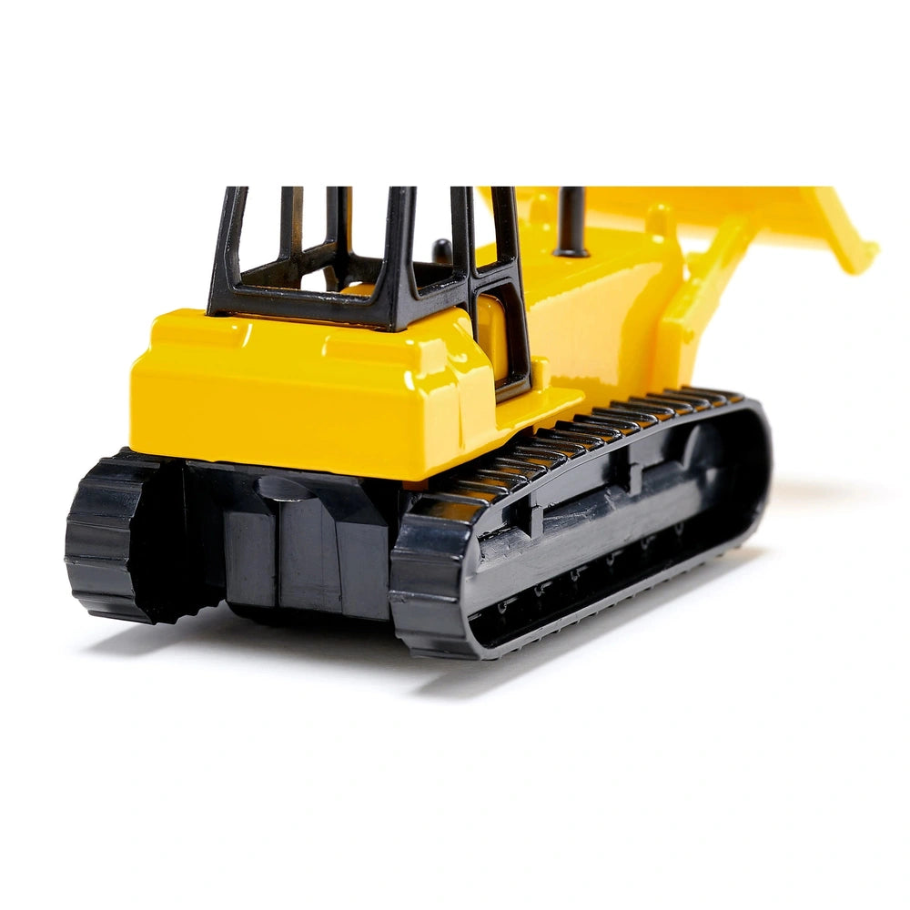 Yellow toy bulldozer with a large front blade and black wheels, set against a white background.