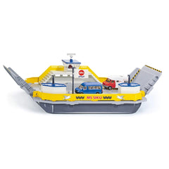 Siku car ferry toy model features a yellow hull, blue deck, and includes a red car, white truck, and blue car on board.