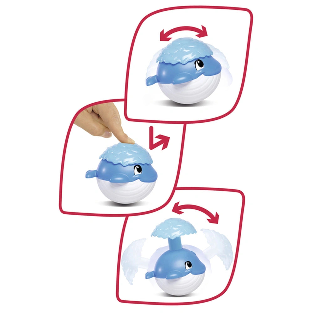 Simba ABC Wobble Whale bath toy illustrated in three stages: from a small orb to a playful whale shape.