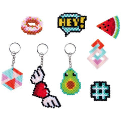 Simba Art & Fun iron-on bead embroidery keychain set featuring colorful pixel art designs. Perfect for crafts and personal ex
