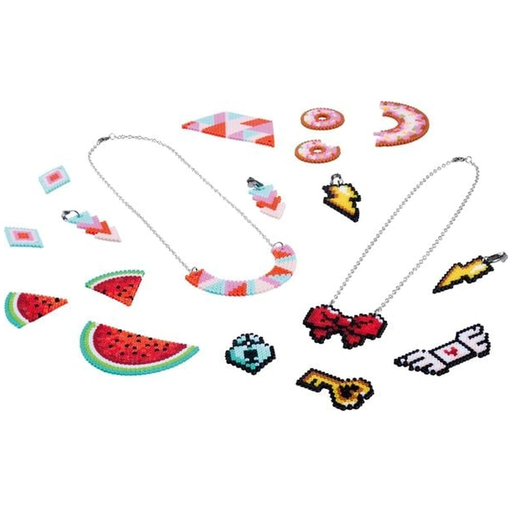 Simba - Art & Fun Mini Iron-On Beads Necklace and earrings set featuring colorful, pixelated watermelon slice designs.