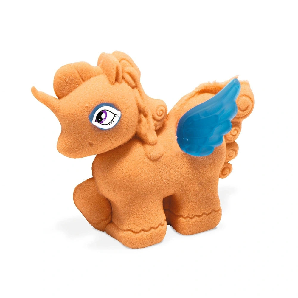 Simba Art & Fun Playsand Set Unicorn features a vibrant orange horse plush toy with a blue wing and detailed facial features.