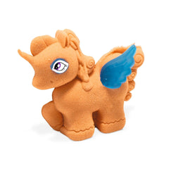 Simba Art & Fun Playsand Set Unicorn features a vibrant orange horse plush toy with a blue wing and detailed facial features.