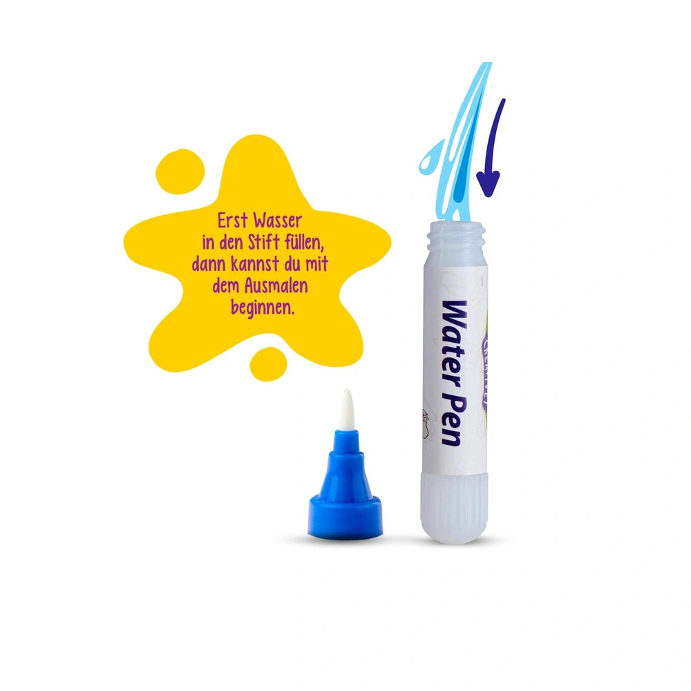 Simba water pen and bottle illustration for coloring book, featuring instructions in German on usage against a white backgrou