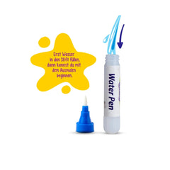 Simba water pen and bottle illustration for coloring book, featuring instructions in German on usage against a white backgrou