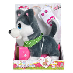 Simba Chi Chi Love Puppy Friends plush toy dog in gray and white, sitting in a floral box with remote control accessory.