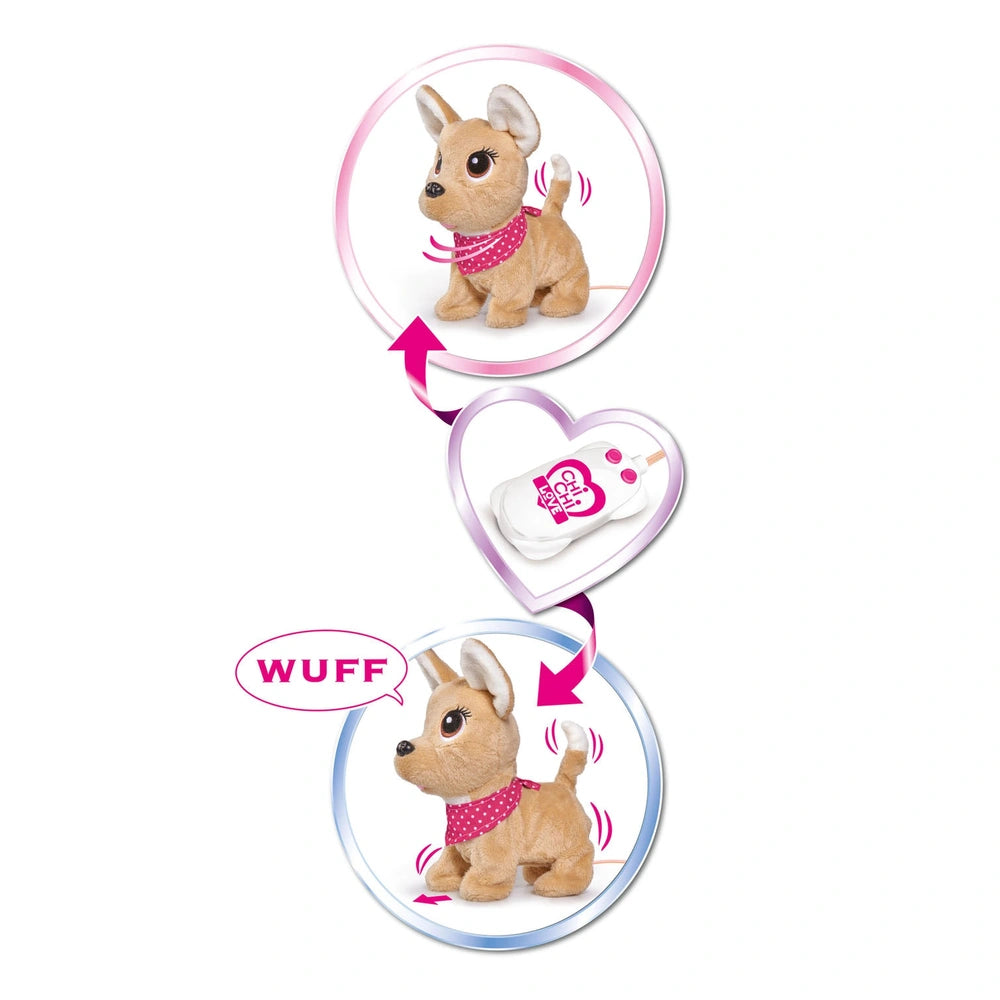 Simba Chi Chi Love Puppy Friends features a cute brown plush dog with playful expressions in three cheerful circular graphics