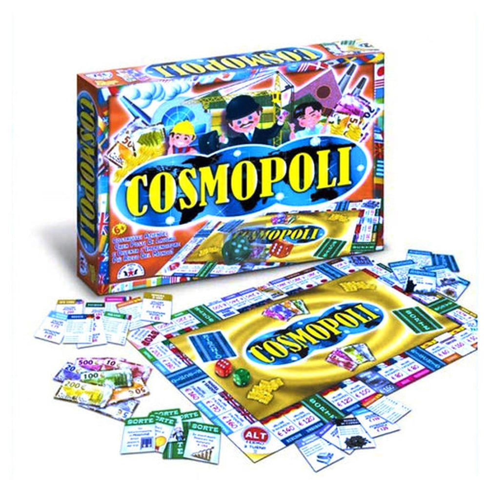 STELLA Cosmopoli board game packaging features a blue cardboard box with a clear plastic front panel displaying colorful text