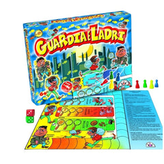STELLA Guardia e ladri board game packaging features colorful cartoon characters, a glossy finish, and a blue background.