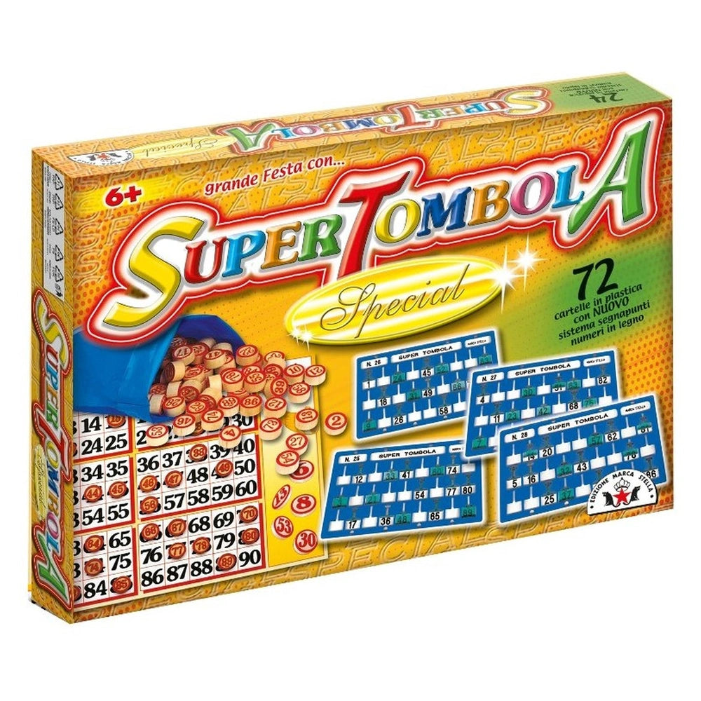 STELLA Super Tombola board game packaging features a yellow box with colorful graphics, bold red text, and a bingo card desig