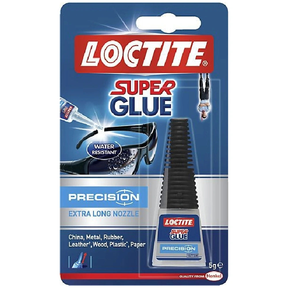 Super Attak 5 grams glue retail packaging features a blue background with white text detailing materials and precision applic