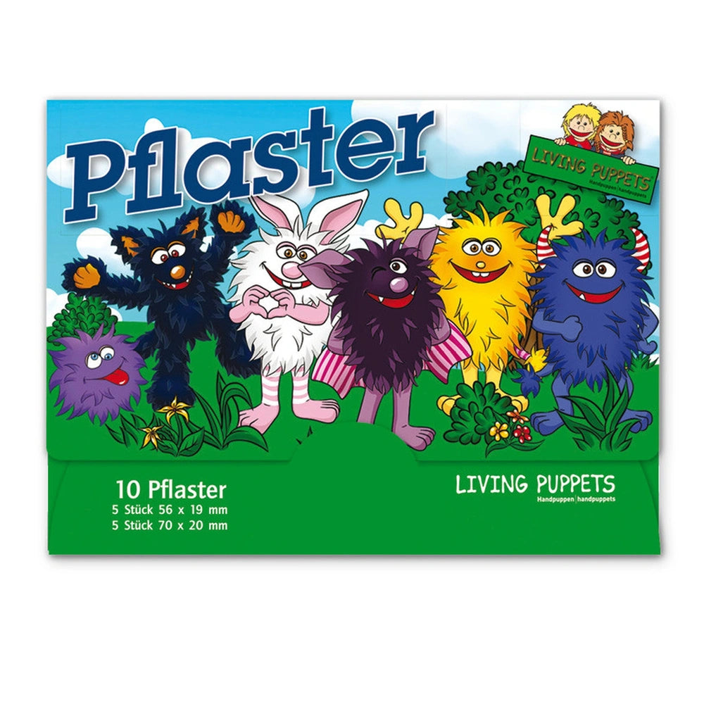 TapirElla Living Puppets Patches 20 Pcs packaging features five colorful puppets with exaggerated features on glossy green ca