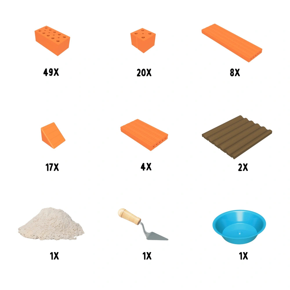 Teifoc accessory set includes vibrant building materials like orange bricks, a brown plank, a blue bowl, sand, and a shovel.