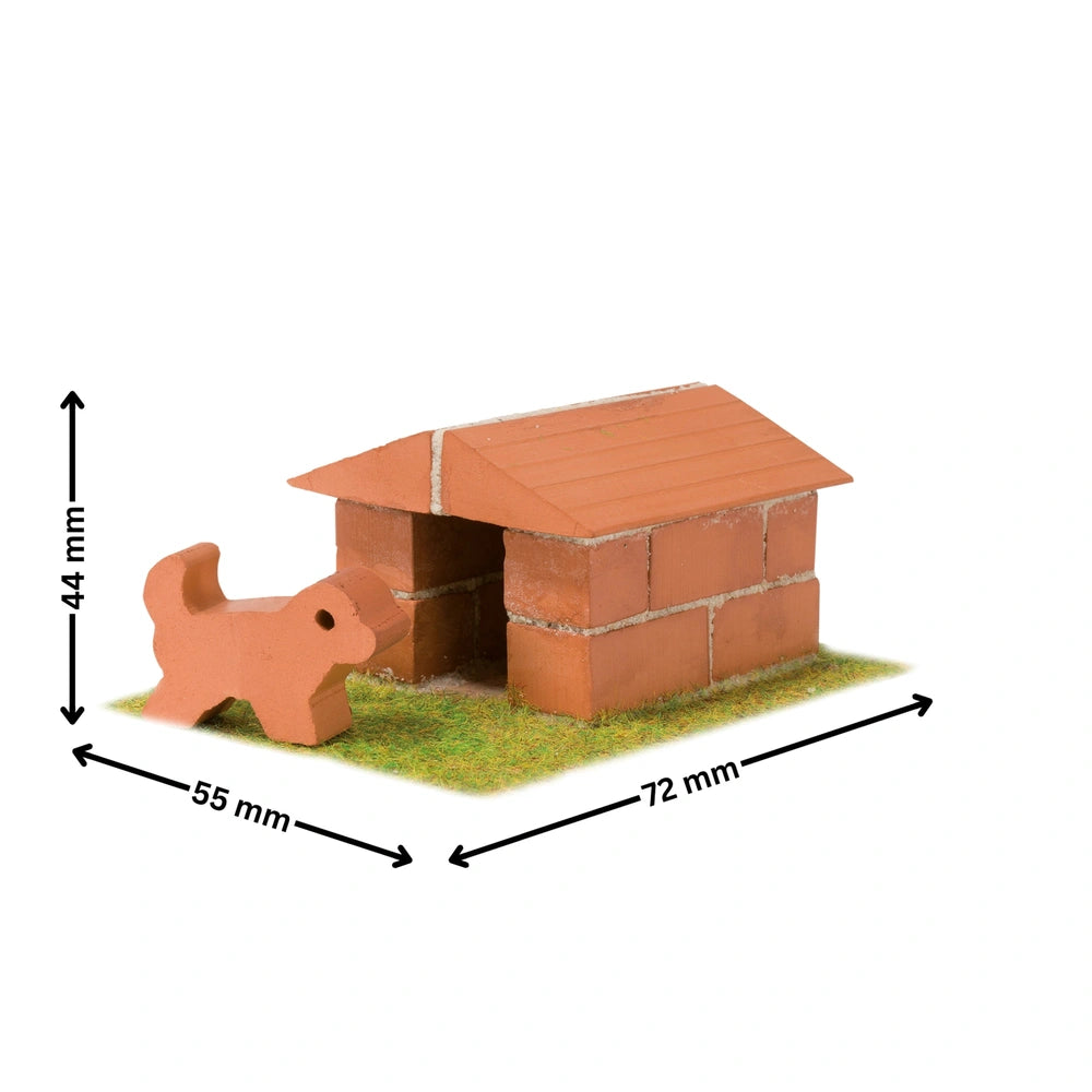 Teifoc doghouse set features a brown toy dog on synthetic grass in front of a red brick house, creating a playful scene.