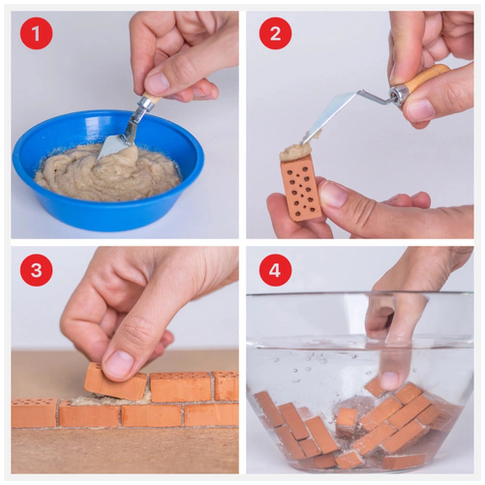 Teifoc water-soluble mortar is shown in a crafting process with clay bricks, tools, and hands engaged in shaping and mixing.